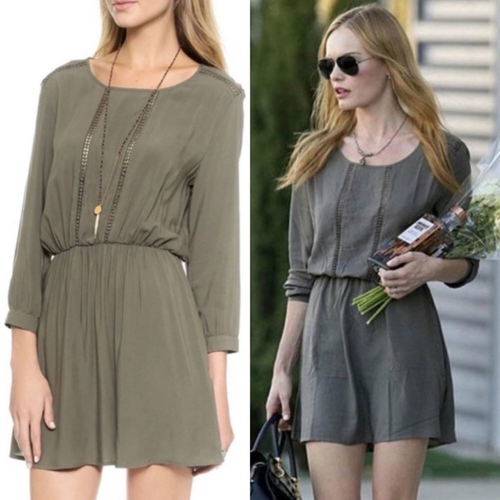 Anine Bing Green Mini Dress Khaki Olive Cinch Waist Embroidered Crochet Boho S